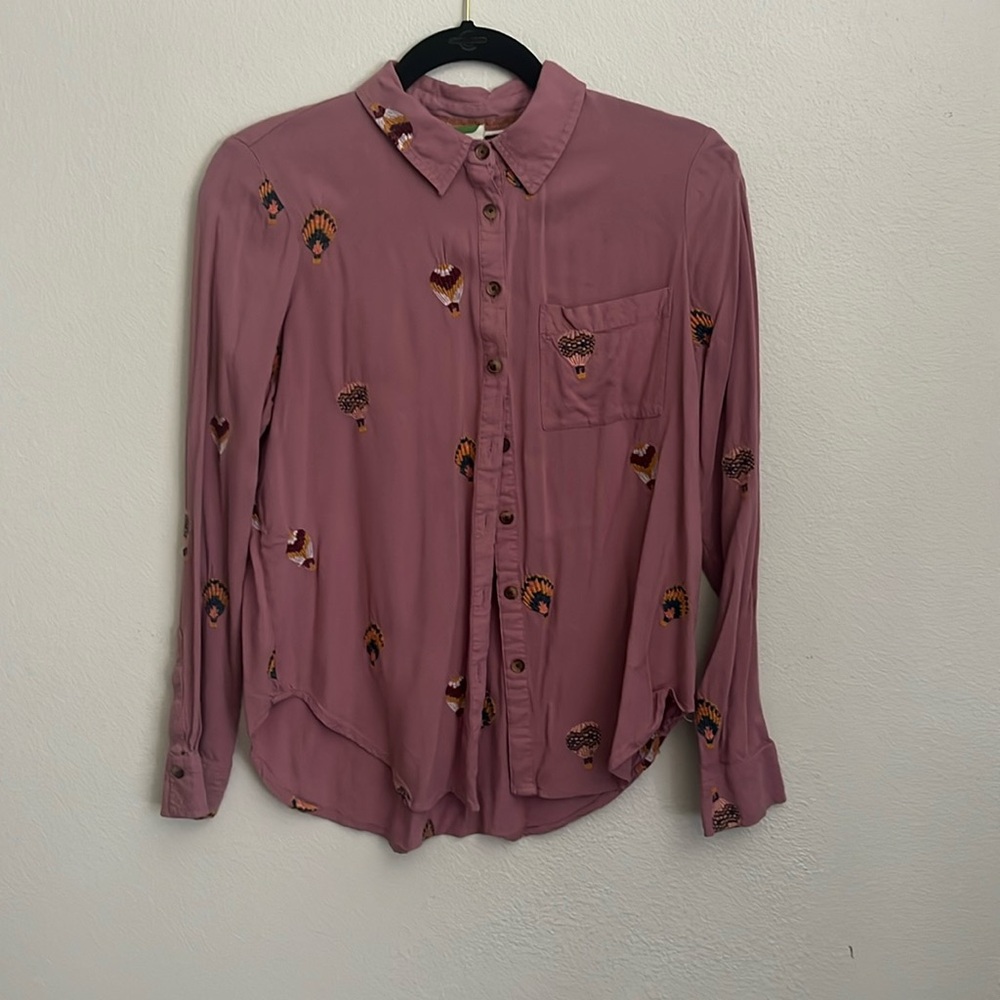 Anthropologie Mauve Embroidered Long Sleeve High Low Tunic Blouse Size 4
